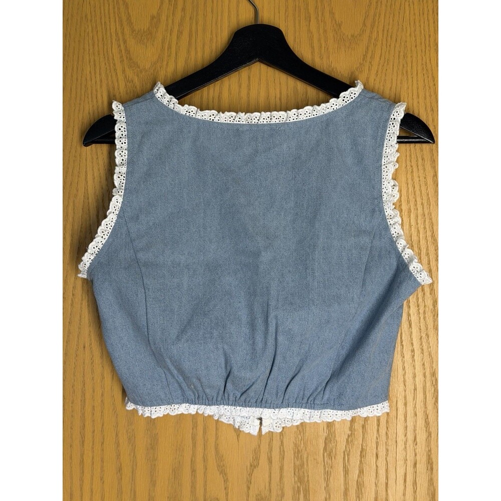 Denim Blue Corset Vest Top Hook Front Eyelet Lace Trim Coquette Cottagecore NWT - Picture 2 of 8